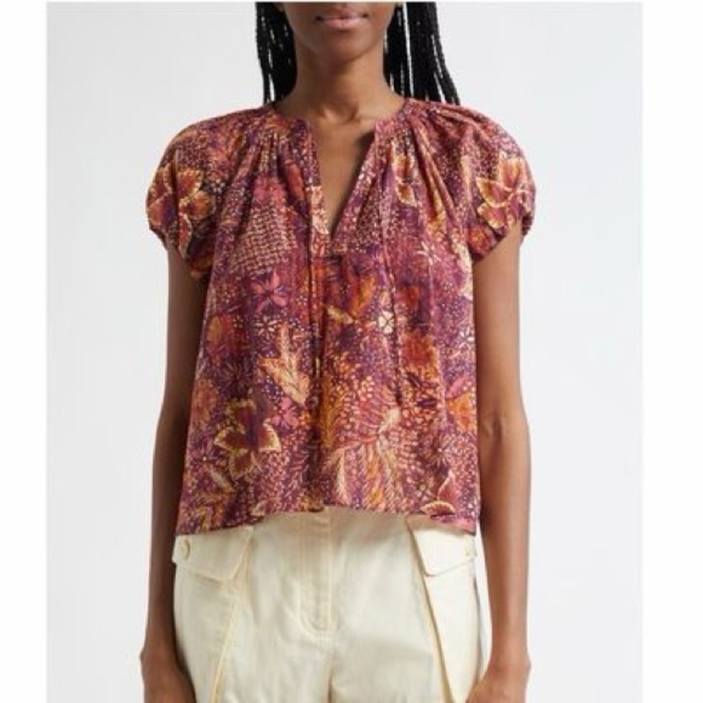 Ulla Johnson Issa Mixed Print Cotton Blend Top Odessa 00 NWT Floral Red Orange